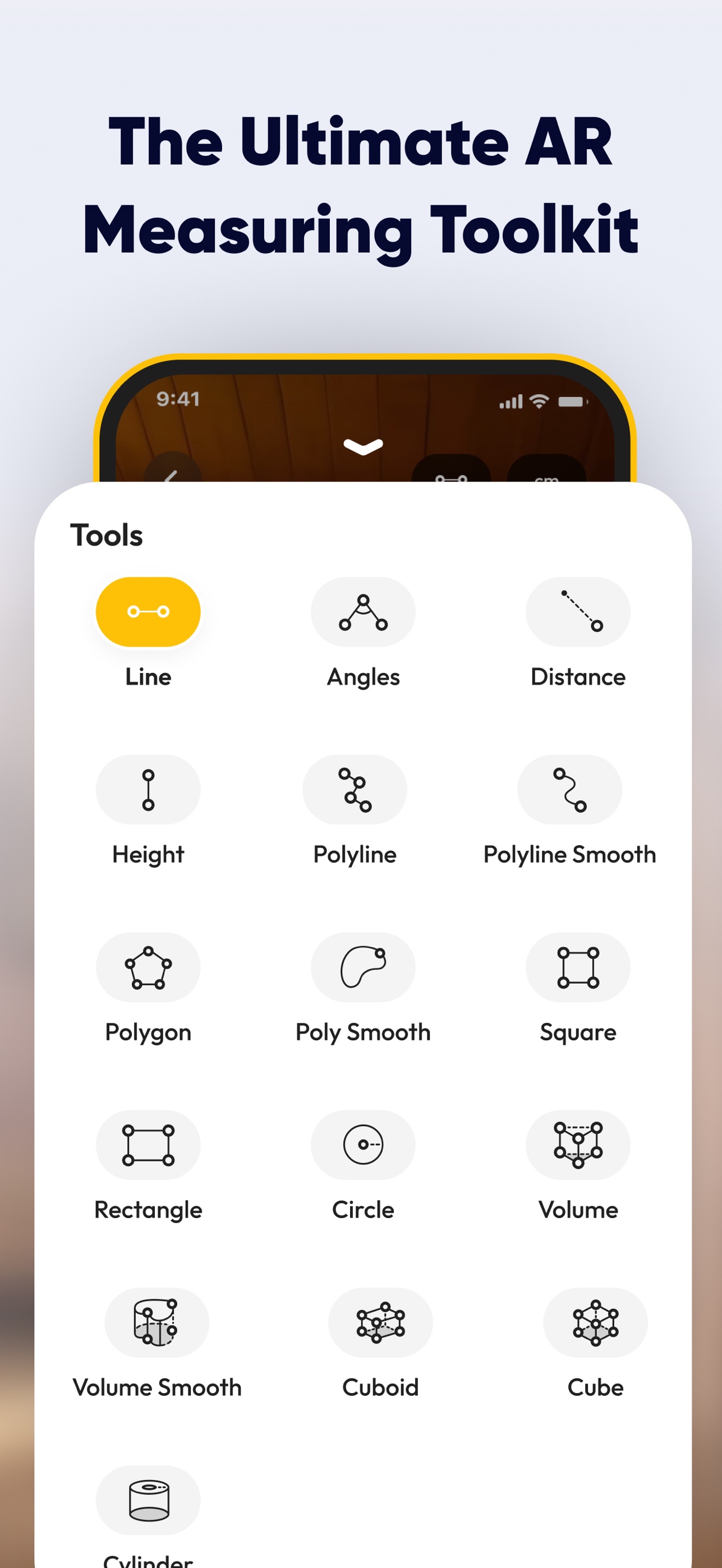 SmartRuler tools screen listing line, angle, height, area and volume tools